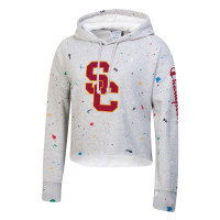 USC Trojans Women's Champion Gray SC Interlock Paint Drop Cropped Pullover Hoodie